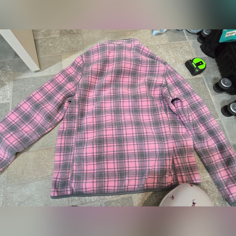 Plaid Pink and Gray Women's Jacket Fleece Warm Soft Mock Neck L XL - Picture 9 of 9